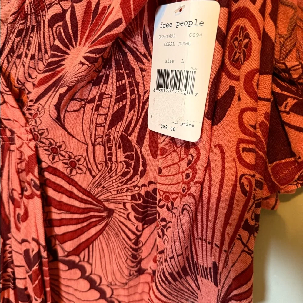 NWT Free People Open Sleeve Floral V-Neck Top Coral Combo Sz L